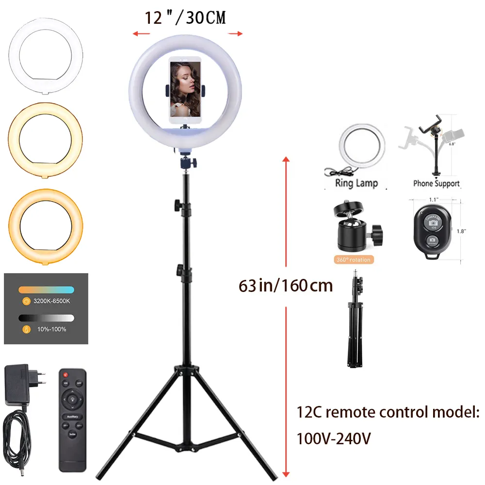 Anel de luz de led para fotografia, 12 polegadas, 30 cm, maquiagem para selfie, com suporte para celular e tripé e controle remoto, 1.6m