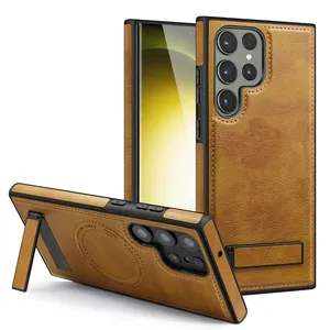 Retro Luxury Stitching PU Leather Phone Case For Samsung Galaxy S24 Ultra 2024 With Folding Kickstand