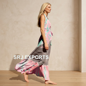 SRJ EXPORTS Boho Halter Maxi <b>Dress</b> Pink Blue Grey Geometric Print Chiffon <b>Loose</b> Fit Summer Casual Wrap Tie <b>Dress</b> - Product Image 3