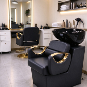 Juego de Muebles de Salón de Belleza de Lujo en Metal y Cuero, Silla de Barbería, Cama para Lavado de Cabello, Diseño Ergonómico, Rotación de 360 Grados - Product Image 2
