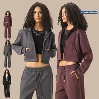 Ensembles de sweats à capuche et pantalons OEM 350 GSM avec fermeture éclair, logo personnalisé, streetwear épais, sweats à capuche courts et pantalons de survêtement pour femmes, ensembles deux pièces
