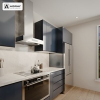 Armoires de cuisine sur mesure bleu marine ultra-brillantes au design minimaliste, avec îlot central, rangement par tiroirs et livraison en kit