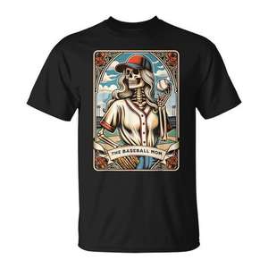 T-shirt unisexe pour adulte à manches courtes et col rond avec impression numérique, motif Baseball Mom Skeleton Tarot Card, Sports et jeux - Product Image 1