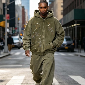 Sudadera con Capucha Oversize de Hip Hop con Estampado de Diamantes de Imitación y Bolsillo con Cremallera, Estilo Urbano, 430G, para Hombre, Fabricantes de Ropa - Product Image 3