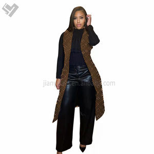 معطف طويل من الصوف للنساء، صدرية فاخرة بلا أكمام للخريف والشتاء، كارديجان بتصميم مطبوع وياقة مطوية ورقبة على شكل V مع حزام - Product Image 6