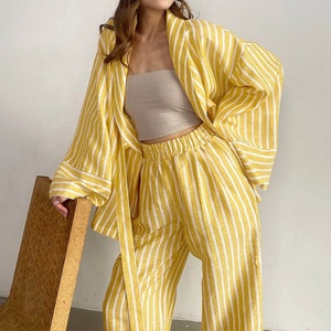 Completo Casual da <span class=keywords><strong>Donna</strong></span> in Cotone e <span class=keywords><strong>Lino</strong></span> a Due Pezzi, Giallo a Righe, Elegante Set da Casa con Camicia a Maniche Lunghe e <span class=keywords><strong>Pantaloni</strong></span> <span class=keywords><strong>Larghi</strong></span> a Vita Alta - Product Image 3
