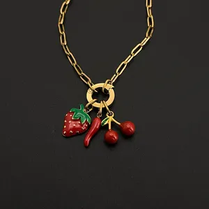 Collier EManco style Y2K en acier inoxydable couleur or avec pendentifs fraise, piment et cerise – Bijou de mode décontracté - Product Image 5