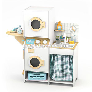 Station de lavage <span class=keywords><strong>en</strong></span> <span class=keywords><strong>bois</strong></span> avec machine à laver double fonction, surface de dessin <span class=keywords><strong>en</strong></span> tableau noir, séchoir suspendu et bacs de tri W10L284 - Product Image 5