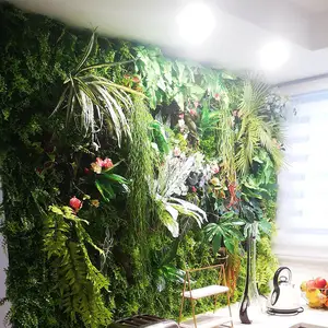 Simulação de selva estilo de parede, cobertura decorativa de pendurar plantas falsas painel de grama, plástico, verde, planta artificial com flores