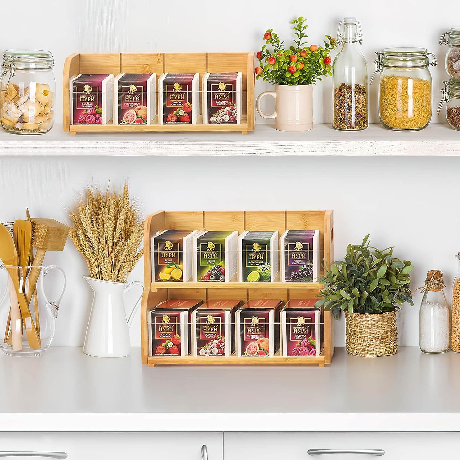 KKC Home Accents Bamboo Tea & Coffee Organizer - 3 Airtight Glass Jars With Drawer & Coffee Pod Holder