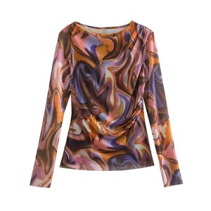 Top <span class=keywords><strong>in</strong></span> <span class=keywords><strong>Tulle</strong></span> stampato alla moda da donna primavera autunno camicia a rete pieghettata Casual a maniche lunghe - Product Image 3