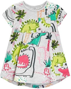 Vestido informal de verano para niñas, con estampado de dinosaurios verdes, de seda, con mangas abullonadas, hasta la rodilla, corte en A, de 2 meses a 14 años - Product Image 1