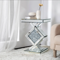 Table en miroir avec cristaux écrasés, incrustation carrée, Table d'appoint moderne, Table d'accent argentée