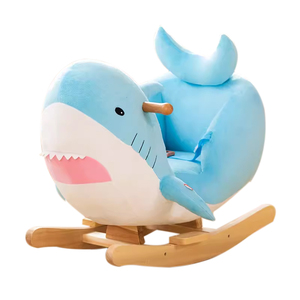Chaise à bascule en peluche bleue en forme de requin pour enfants de 1 à 3 ans, jouet pour bébé, cheval à bascule en bois - Product Image 1