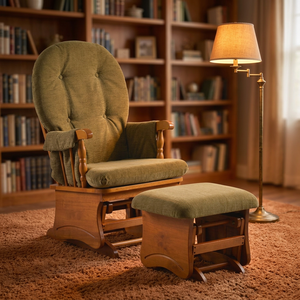 Contemporary Deluxe Glider Rocker Solid Wood Ottoman Rustic <b>Retro</b> Style for Nursing Relaxing Bedroom Apartment Living Room - Product Image 1