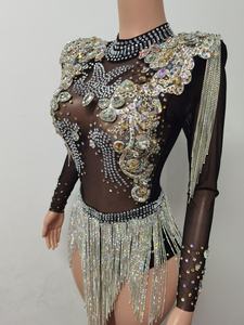 Monos Sexy Perspective Cristal Franges Combinaison Courte pour Femme Scène Performance Costume <span class=keywords><strong>Night</strong></span> <span class=keywords><strong>Club</strong></span> Justaucorps Strass Body - Product Image 3