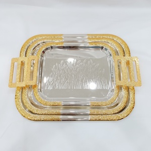 Bandeja Redonda <span class=keywords><strong>de</strong></span> <span class=keywords><strong>Metal</strong></span> <span class=keywords><strong>de</strong></span> Lujo Estilo Árabe Personalizada, Juego <span class=keywords><strong>de</strong></span> 3 Bandejas <span class=keywords><strong>de</strong></span> Servir <span class=keywords><strong>de</strong></span> Hierro con Asas - Product Image 2
