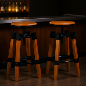 Ensemble de 2 tabourets de bar en bois marron, hauteur réglable, mobilier de bar industriel moderne, utilisation commerciale, cadre en métal à 3 pieds - Product Image 2
