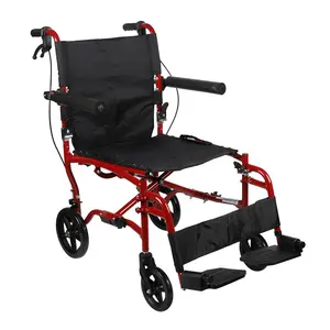 承重300lbs红色铝制框架可折叠成人手动轮椅，带手柄制动器和脚踏板