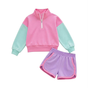 Conjunto de Sudadera y Pantalones Cortos para Niñas, Diseño Color Block, Manga Larga, 2 Piezas, Ropa Casual de Otoño - Product Image 2