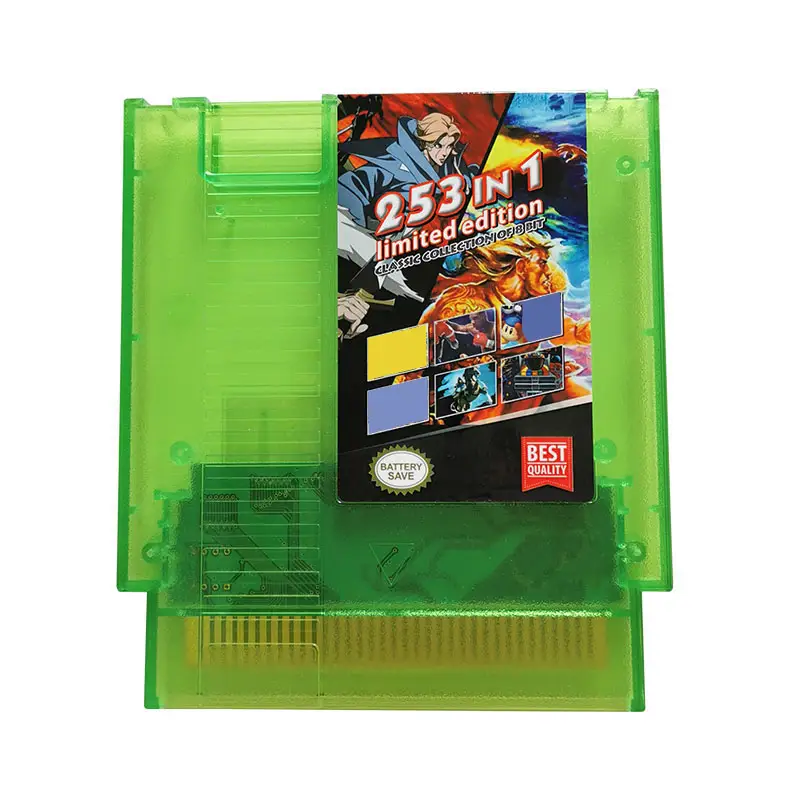 NESビデオゲームカートリッジコンソール用の253in1ゲームカード多くのゲームが半透明の緑を節約します
