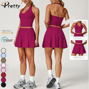 Ropa de mujer, 2 uds., conjuntos de tenis deportivos, Falda plisada con bolsillo, chaleco con cuello Halter y almohadilla, ropa deportiva de tenis, ropa de gimnasio - Product Image 1