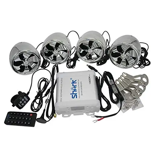 Tubarão de áudio para motocicleta 4ch, áudio 1000 w 12 v com rádio fm, usb, sd, aux na entrada e 4 peças alto-falantes à prova d' água