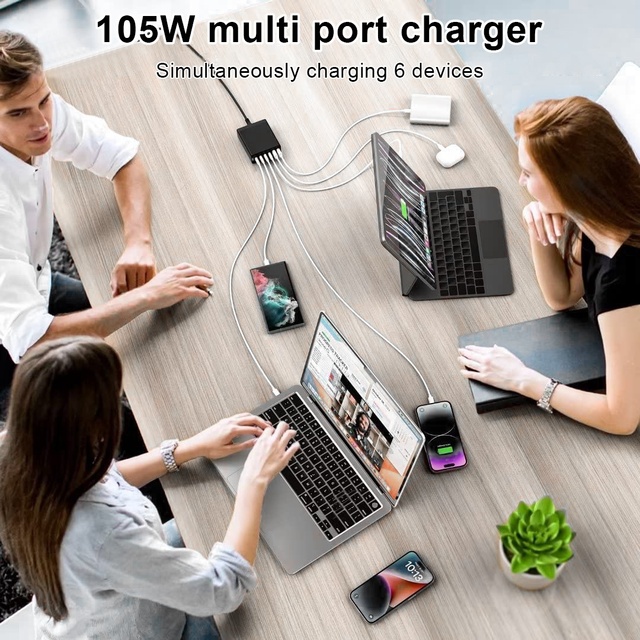 HNT GaN 6 Port Desktop USB C Fast Charging Station 105W Multi-function Quick Adapter 65W PD Charger for Laptop Tablet Phone