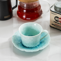 Ensemble tasse et soucoupe en céramique émaillée craquelée vert aqua, fabricant en gros pour la vaisselle de café et d'hôtel