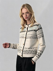Women's Black Geometric Knitted <b>Cardigan</b> Fair Isle Sweater Long Sleeve Button Up Crew Neck Autumn Winter - Product Image 5