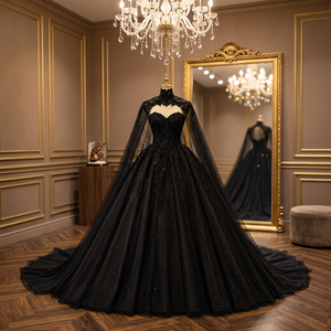 Vestido de novia negro con escote corazón, cuentas, manga larga, cola capilla, largo hasta el suelo, espalda de encaje, talla grande, cintura imperio - Product Image 3