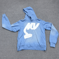 Hoodie Vintage Biru Langit dengan Pinggiran Berjumbai dan Patch Huruf Gaya Y2K