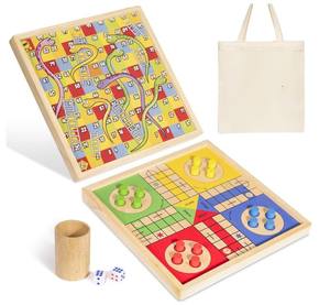 Juego de Mesa de <span class=keywords><strong>Ludo</strong></span> de Madera Personalizado de 12 Pulgadas y Serpientes y Escaleras 2 en 1 Reversible Clásico para Adultos, Tablero de Parcheesi con Dados y Fichas - Product Image 1