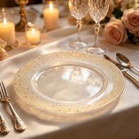 Assiette de présentation décorative en plastique transparent de 13 pouces, bordure dorée, pour mariage, banquet, hôtel, mise en place de table