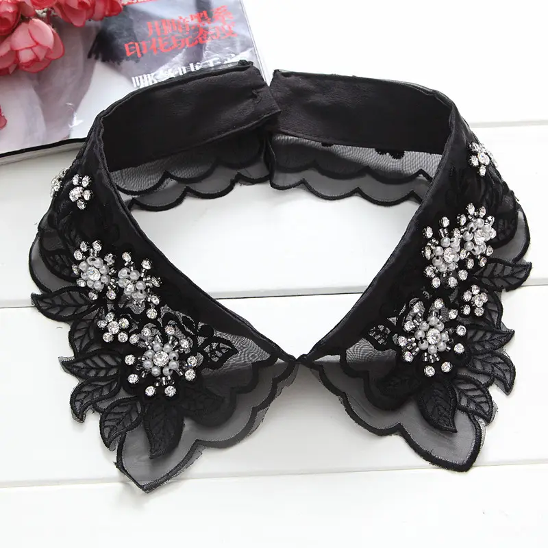 LS981 pasangan buatan tangan Rhinestones renda kerah Applique, lapisan ganda kerah putih Applique bordir Trims