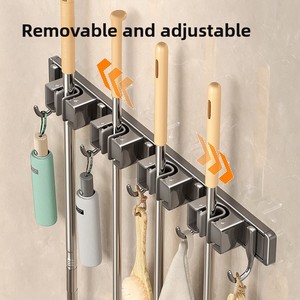 Wholesale Plastic Wall-Mounted Multifunctional Non-Folding Mop <b>Clip</b> Broom Holder No-Drill Punch-Free <b>Hook</b> Bathroom Rack - Product Image 3