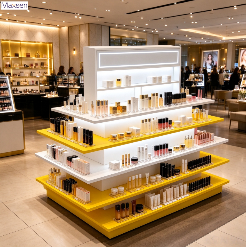 Illuminated Tiered Cosmetic Display Showcase Multi Layer Retail Fixture ...