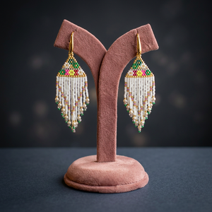 Sstringz Handcrafted Ivory White, <b>Emerald</b> Green, Blush Pink & Gold Miyuki Delica Beaded Fringe Earrings with Pearl Accents Boho - Product Image 1