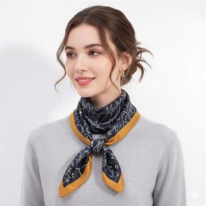 ผ้าพันคอไหมลายเส้นศิลปะสีน้ำเงินกรมท่าสำหรับผู้หญิง ผ้าคลุมคอให้อุ่นในฤดูหนาว พร้อมขอบสีเหลืองมัสตาร์ด แฟชั่นทรงสี่เหลี่ยม - Product Image 1