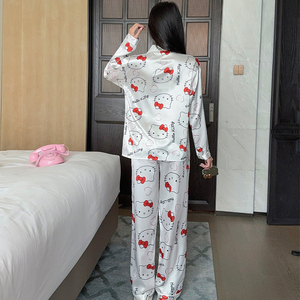 Dễ thương phim hoạt hình in cổ áo của phụ nữ dài tay áo hàng đầu và quần đặt thoải mái áo khoác ngoài Kiểu loungewear - Product Image 3