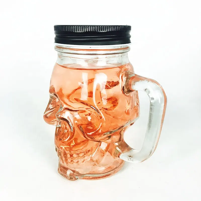 16oz 450ml skull shape scary Halloween Beer Party Bar glass handle mason jar with lid