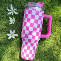 Mug de voyage isotherme 100 % étanche en acier inoxydable de 40 oz, gobelet à carreaux de 40 oz avec poignée et paille rabattable