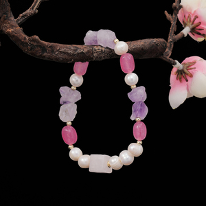 Pulsera de Perlas Naturales de Agua Dulce Únicas para Mujer, Chapada <span class=keywords><strong>en</strong></span> Oro de 18K, con Cuentas de Amatista Cruda, <span class=keywords><strong>Calcedonia</strong></span> Rosa y Cuarzo Rosa - Product Image 5