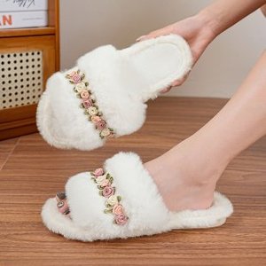 Chaussons d'intérieur doux et confortables pour femmes, version coréenne, à bout ouvert, antidérapants, en peluche perlée, à semelle épaisse, pour l'automne - Product Image 5