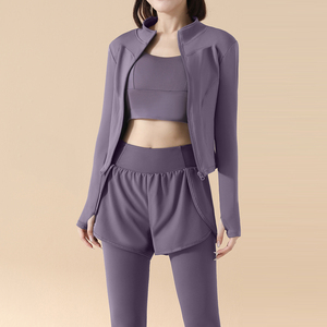 <span class=keywords><strong>Ensemble</strong></span> de yoga 3 pièces pour <span class=keywords><strong>femme</strong></span>, best-seller : veste zippée ajustée, soutien-gorge de sport 2-en-1, leggings taille haute pour la gym, la course et le Pilates - Product Image 3