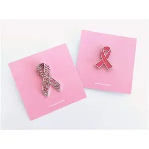 Juhetai Custom Pink Ribbon Lapel Pin with Rhine Stone Enamel Lapel Pin with backing cards breast cancer awareness gifts