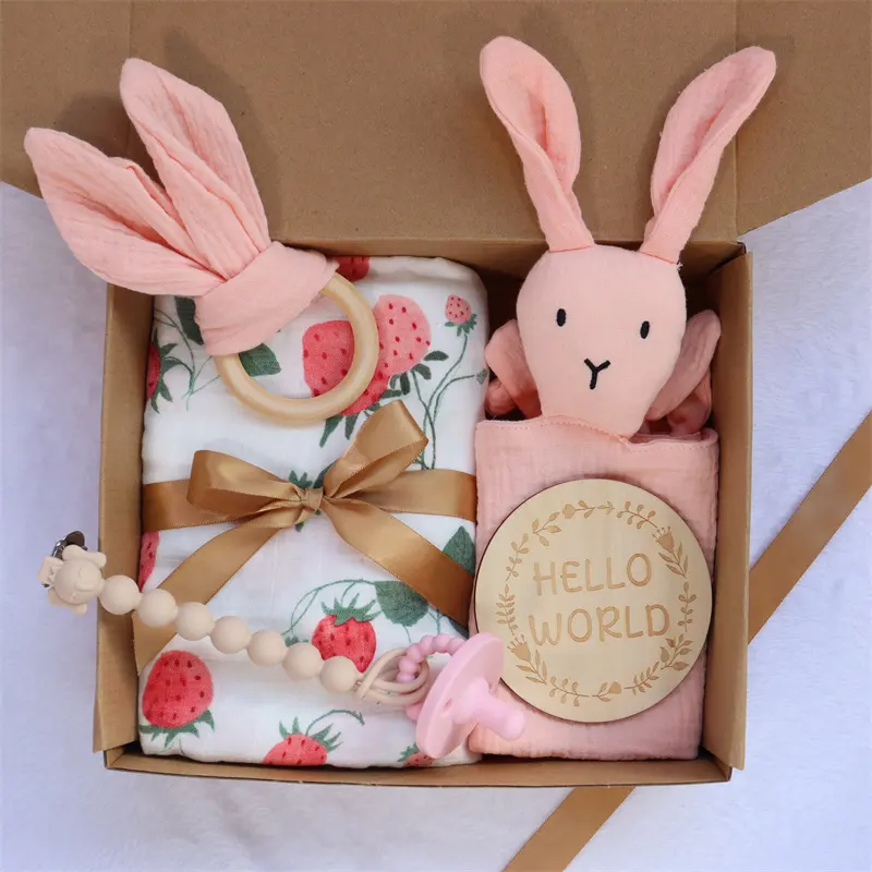 Newborn Shower Gift Box Milestone Set Organic Bamboo Cotton Baby Muslin Swaddle Blanket Wrap