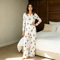 Ensemble pyjama en modal imprimé Noël pour femme, haut à manches longues col V et pantalon large, ensemble de vêtements de nuit doux