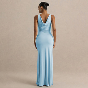 Robe de soirée longue sans manches pour femme, col en V, fente haute, plissée, robe de soirée formelle - Product Image 4