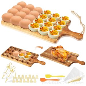 Acacia Wood Egg <b>Tray</b> With Handle Double Sided Cutting Board Serving Platter For Kitchen Use - Product Image 2